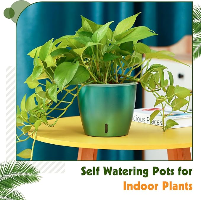 Self-Watering Pots for Indoor Plants, 4-Pack 6.7'' Self Watering Planter with Drainage Holes, Small African Violet Pots with Water Indicator, Orchid Pot, White/Grey/Blue/Rose Gold