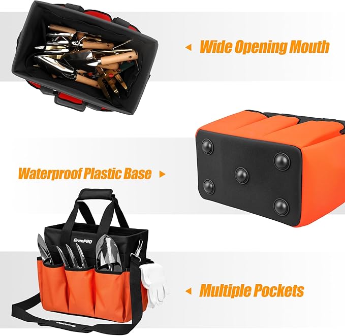 Garden Tool Bag Organizer, Heavy Duty Gardening Tote Toolbox with 10 Pockets, Adjustable Shoulder Strap, Standable & Foldable for Tool Storage, Home Garden Kit, Orange (Tools Not Included)