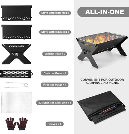 Odoland Camping Campfire Grill, Portable Folding Charcoal Grills, Backpacking BBQ Grill, Heavy Duty Firepit Grill with Carry Bag for Outdoor Cooking, Bonfire, Patio, Backyard