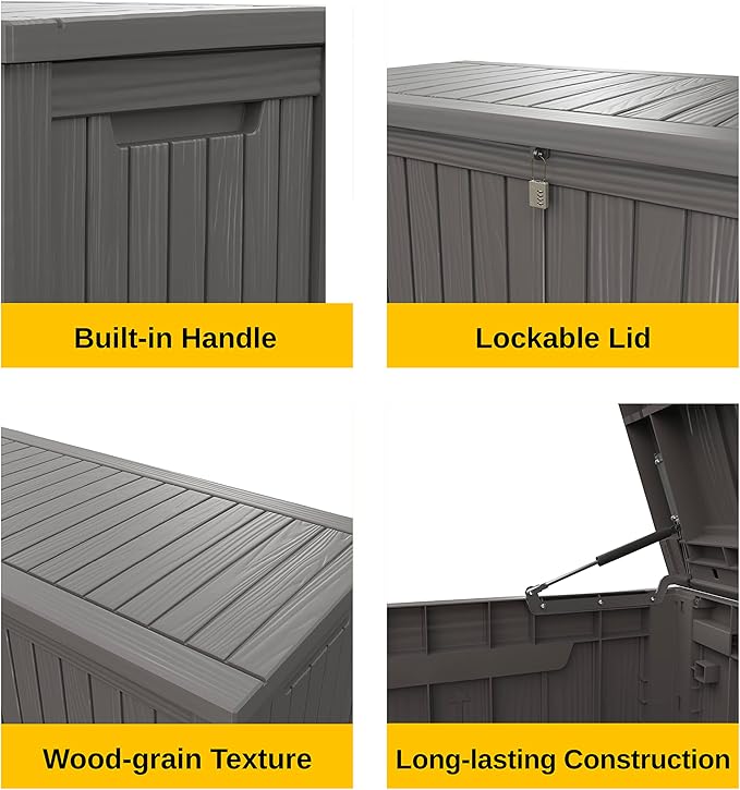 EAST OAK Outdoor Storage Box, 180 Gallon Deck Box, Large Resin Storage Bin for Patio Cushions & Gardening Tools, Lockable, Waterproof, UV Resistant, Grey