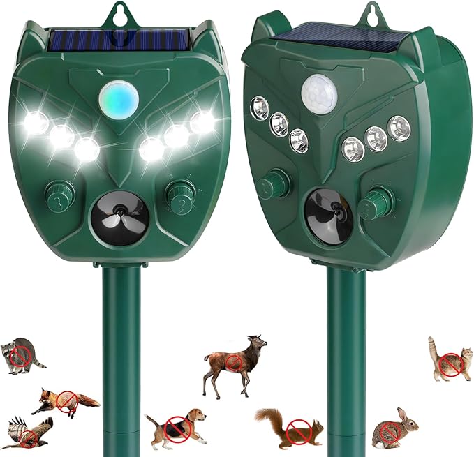 2 Pack 2025 Upgraded Solar Ultrasonic Animal Repellent Outdoor – Motion Activated Deer, Squirrel, Cat, Raccoon, Dog & Bird Deterrent with Multi-Frequency LED Strobe & Ultrasonic Sweep for Garden Yard