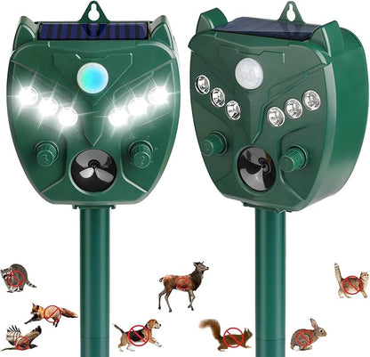 2 Pack 2025 Upgraded Solar Ultrasonic Animal Repellent Outdoor – Motion Activated Deer, Squirrel, Cat, Raccoon, Dog & Bird Deterrent with Multi-Frequency LED Strobe & Ultrasonic Sweep for Garden Yard