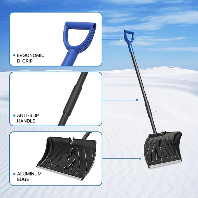 MoNiBloom Snow Shovel 21.5" Blade with Durable Aluminum Edge, 50" Length Detachable Large Snow Shovel with D-Grip Handle for Driveway