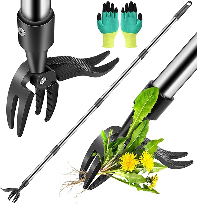 Weed Puller Tool, Stand Up Weed Remover Tool with Long Handle, 4 Claw Steel Head Weeder Tool with 4-Sectioal Pole Design, Garden Hand Weeding Tool, Smoothly Remove Weeds Without Kneeling