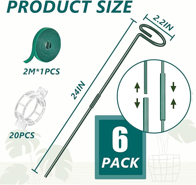 MAFONE 6 Pack 24inch Plant Support Stakes,Plant Stick for Two Sizes(12 or 24Inch) Garden Single Stem Flower Support Stake Plant Cage Support with 20pcs Clips and Plant Ties for Tomato Orchid Lily