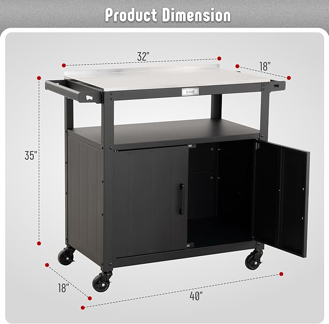 Outdoor Grill Cart with Stainless Steel Tabletop and Storage Cabinet, Movable Kitchen Island with Wheels for BBQ Food Prep, Black