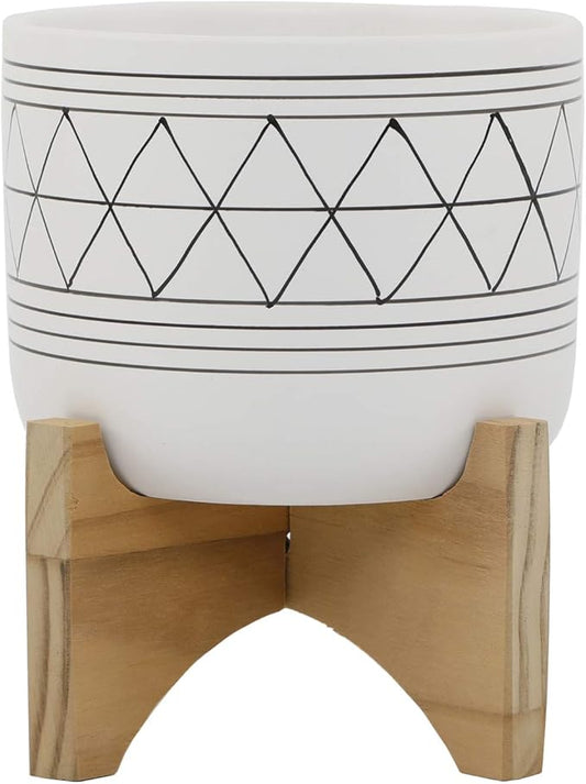 Flora Bunda 5" White Black Ceramic Geometric W/Wood Stand Planter Mid Century