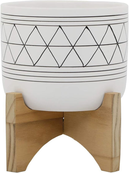 Flora Bunda 5" White Black Ceramic Geometric W/Wood Stand Planter Mid Century