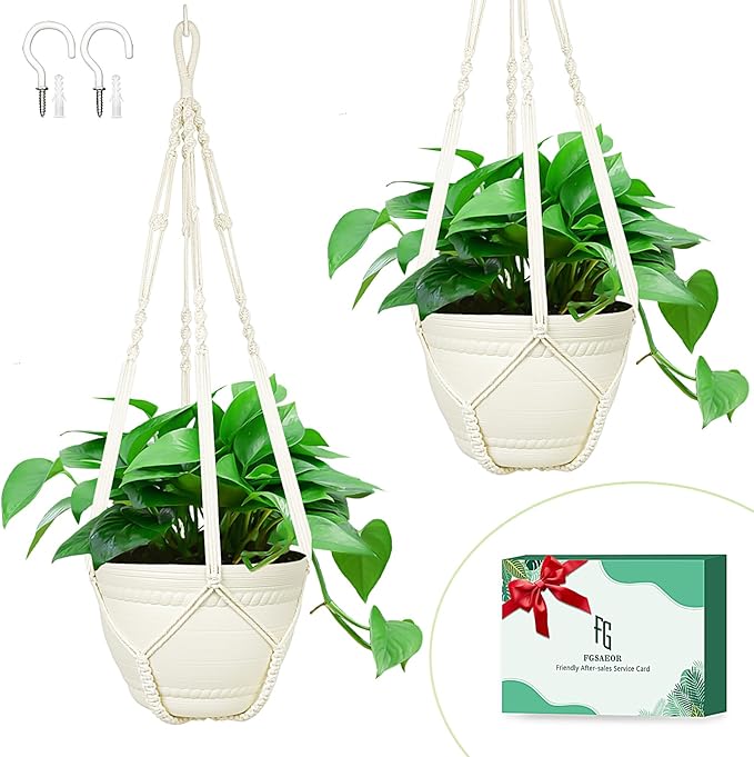 FGSAEOR Macrame Plant Holder Indoor Outdoor, Hanging 3-15 inch Pot, Bearing 20lb Planters, DIY Handmade Hanging Planter Basket Holder, 35-Inch Extra Long Strong Boho Home Décor (2-Pack) (Ivory)