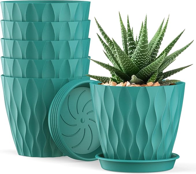 6 Pack 4 Inch Small Plant Pots with Saucers, Waffle Texture Plastic Planters with Drainage Holes for Indoor and Outdoor Plants, Flowers, Herbs, Succulents, and Seedlings, Blue