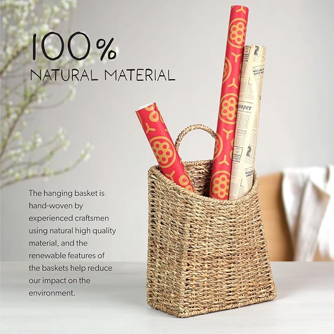 Woven Hanging Seagrass Baskets, Hanging Wall Wicker Basket, Handmade Organizer Baskets, Hanging Flower Basket for Shelves, Walls, Doors, Balconies, Front of House, Garden,...(Seagrass)