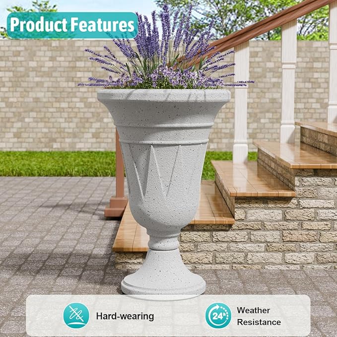 Tall Plastic Urn Planters for Outdoor Plants Set of 2-23.6" H Classic Trophy Design Indoor Large Flower Pots with Drainage Holes, Outdoor Planters for Porch Decor/Garden Vase, White
