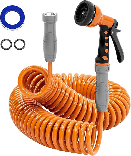 SPECILITE 3/8” Lightweight Coil Garden Hose 50 FT, EVA Retractable Curly Water Pipe with 6-Pattern Spray Nozzle for Boat, Greenhouse, Yard, Patio (Orange)