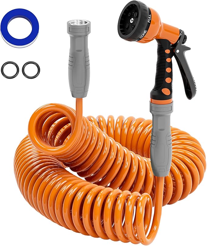 SPECILITE 3/8” Lightweight Coil Garden Hose 75 FT, EVA Retractable Curly Water Pipe with 6-Pattern Spray Nozzle for Boat, Greenhouse, Yard, Patio (Orange)