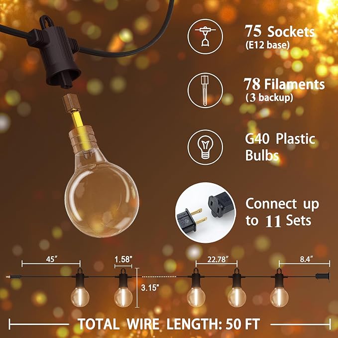 Outdoor String Lights ,150 FT Led Patio Globe Lights with Plastic Bulbs,Waterproof,Shatterproof,G40 Outdoor String Lights,Connectable Hanging for Backyard, Bistro, Porch, Deck, Balcony,Tent (150ft)