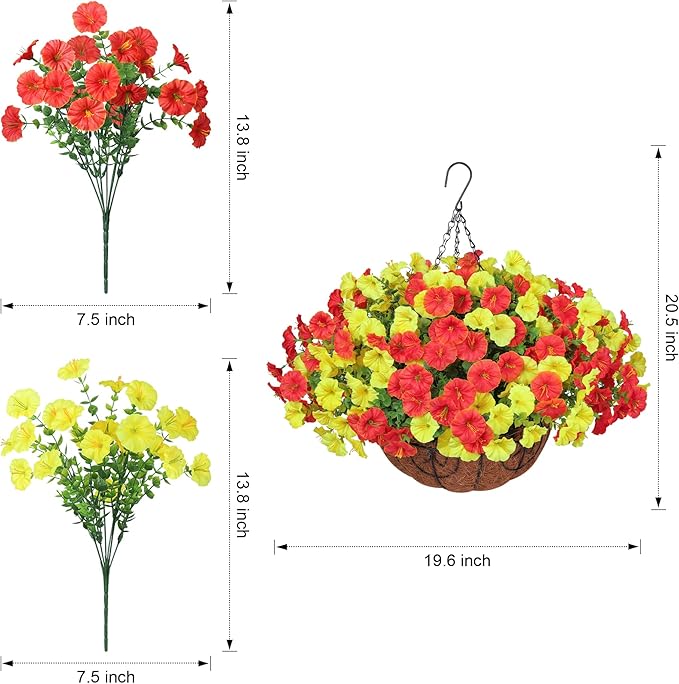 Artificial Fake Hanging Flowers Basket for Outdoors Spring Decoration, 12 Bundles Faux Silk Morning Glory Plants for Outdoor Planters Realistic UV Resistant Artificial Flowers for Outside Porch Garden