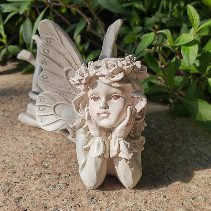 Lying Fairy Garden Statue – Resin Outdoor Fairy Figurine for Yard or Patio, Garden Angel Decor for Outside, Whimsical Fairy Ornament 9.84” L
