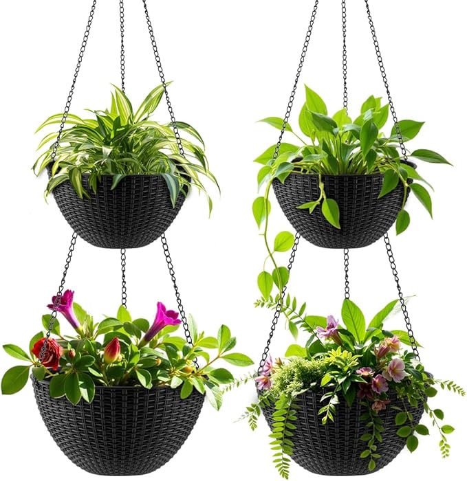 Hanging Planters for Indoor Outdoor Plants 8 and 10 Inch, 4 Packs Hanging Flower Pot with Drainage Holes, Self-Watering Hanging Basket Perfect for Home, Office and Garden, Black
