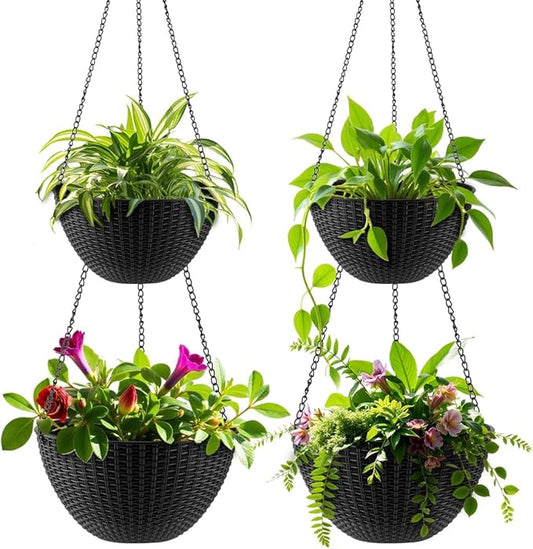 Hanging Planters for Indoor Outdoor Plants 8 and 10 Inch, 4 Packs Hanging Flower Pot with Drainage Holes, Self-Watering Hanging Basket Perfect for Home, Office and Garden, Black