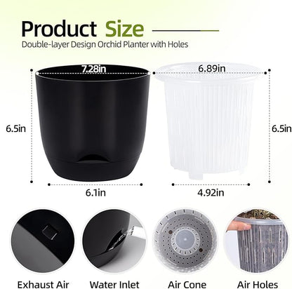 QCQHDU 2 Pack 7.2 Inch Orchid Pots with Holes for Repotting, Double-Layer and Self Watering Orchid Pot with Good Air Circulation