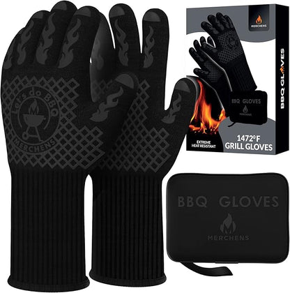 Pro-Series BBQ Gloves - Heat Resistant Grill, Grilling, and Oven Gloves for Culinary Experts - Extreme Fireproof Protection, Silicone Grip, Extra Long Mitts - Indoor & Outdoor - with Protective case