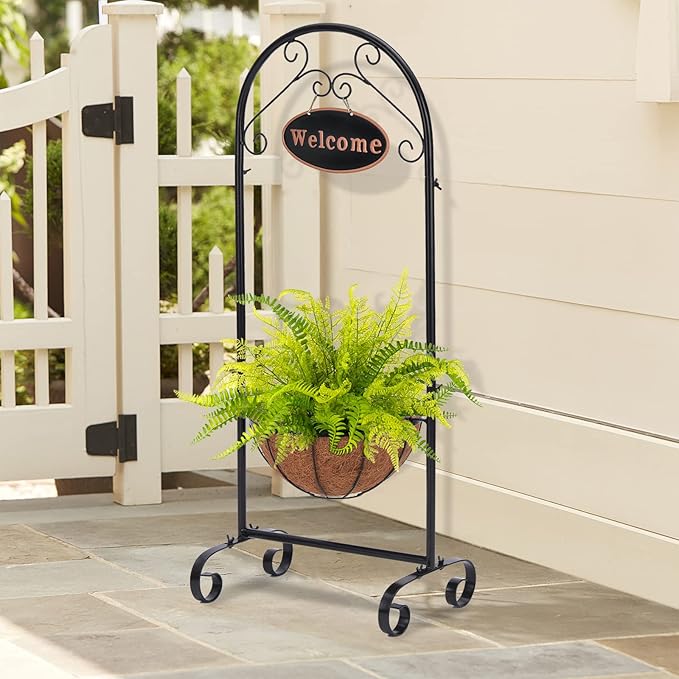 BAYN Metal Welcome Planter Basket Stand with Coco Liner, 39.5” Hanging Planter Stand with Decorative Welcome Sign Outdoor Decor for Garden, Patio, Deck, Entry and Front Porch