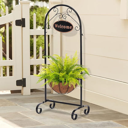 BAYN Metal Welcome Planter Basket Stand with Coco Liner, 39.5” Hanging Planter Stand with Decorative Welcome Sign Outdoor Decor for Garden, Patio, Deck, Entry and Front Porch
