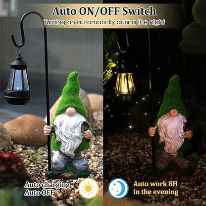 Flocked Garden Gnome Statue with Solar LED Light, Large Funny Fairy Gnomes Figurines with Solar Lantern, Outdoor Fall Decorations for Yard Lawn, Tall 15.8 Inch