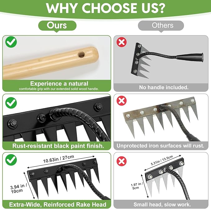 Weed Puller Tool with Long Handle - Made with Real Bamboo,8 Tines Steel Head with Weeding Rake，Gardening Hand Uprooting Weeding Tool for Removing Weeds, Loosening Soil, Cleaning Flower