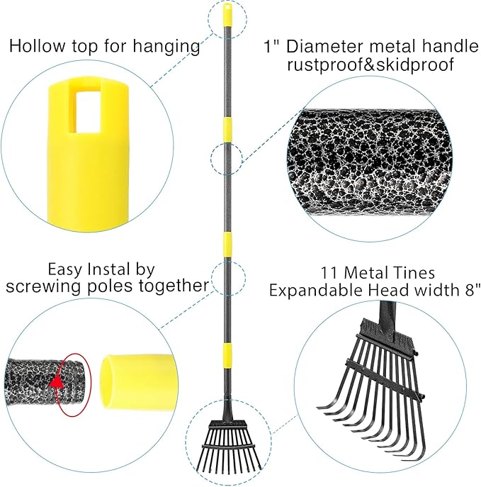 Oliynedy Adjustable Metal Garden Rake for Leaves - Long Handle 30-60", 11 Tines 9" Wide - Small Lawn Collapsible Yard Rake for Adults and Kids - Camping, Flower Beds, Mulch, Shrub