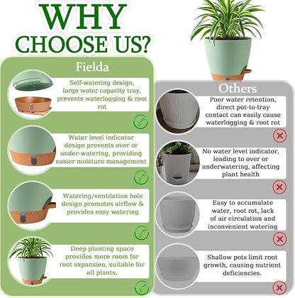 Self Watering Pots for Inoor Ourdoor Plants 10/9/8/7/6.5 Inch Plastic Planters with Drainage Holes & Water Level Indicator, Decorative House Flower Nursery Planting Pots with Saucers (Green)