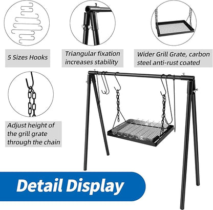 Campfire Swing Cooking Grill Stand, Collapsible Campfire Cooking Rack with Adjustable Iron Grill Grate and Hooks for Outdoor BBQ Picnic Cookware Party Dutch Oven