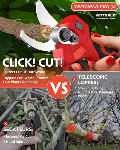 VEITORLD 20V Electric Pruning Shears, Garden Shears, 30mm 1.2'' Cutting Diameter Portable Cordless Branch Cutter Tree Trimmer with LCD Display＆Replaceable Blades (Included 2Pcs 2.0Ah Batteries)