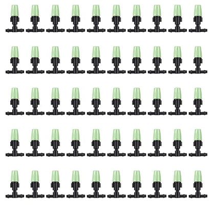 MSDADA 50pcs Micro Spray Adjustable Flow Irrigation Drippers, Garden Adjustable Sprinkler drip Irrigation Mister Heads with 3 Tee Irrigation Misting Drip Kit (Green)