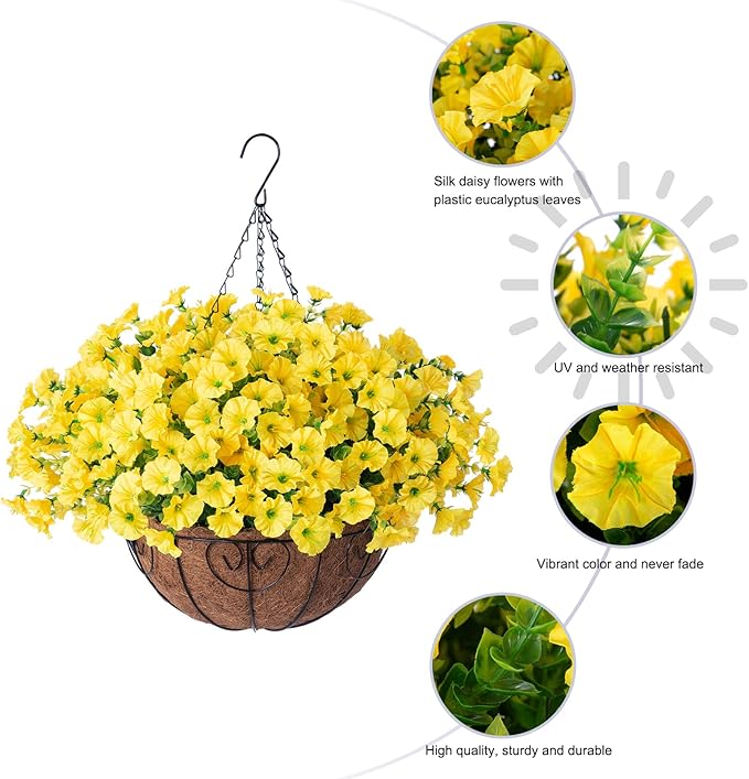 Artificial Fake Hanging Flowers Plants Baskets for Outdoor Decoration, Faux Silk Morning Glory in Planter UV Resistant Realistic for Home Outside Porch Patio Balcony Garden Yard Home Decor, Yellow