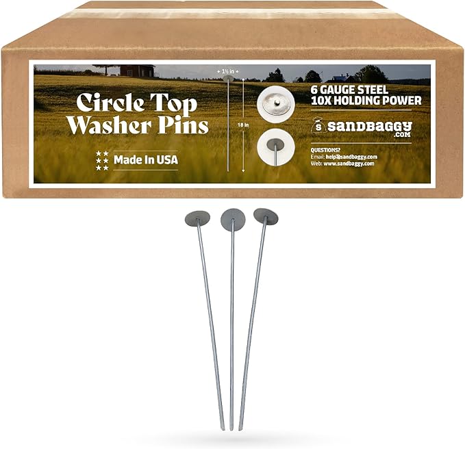 Sandbaggy 18-inch Circle Top Pins - Landscape Staples (Made in The USA) - Garden Stakes for Landscaping, SOD, Weed Barrier Fabric - Heavy Duty Ground Stakes, Lawn Turf Spikes, Decorations (100 Pins)