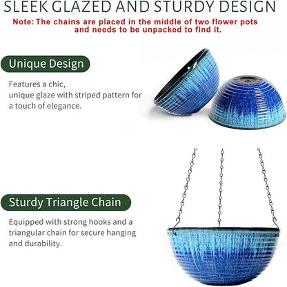 2 Pack Hanging Planters for Indoor Outdoor Plants, 10 Inch Hanging Planter with Drainage Hole & Plug Glazed Hanging Baskets Flower Pots for Garden Home (Blue Flow Glaze)