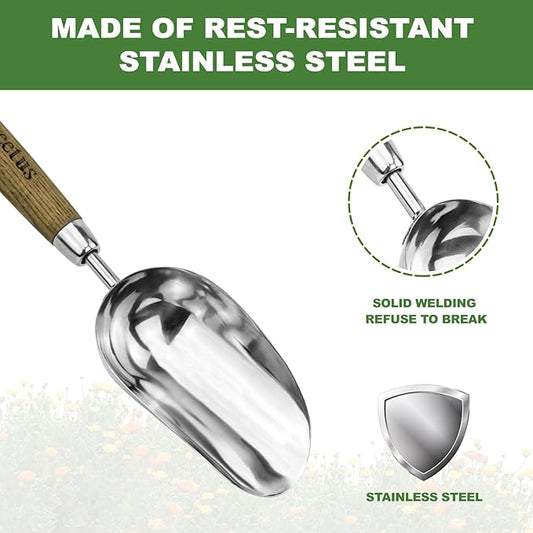 Haliaeetus Potting Soil Scoop, Bend-Proof Stainless Steel Garden Scoop, 1 Cup Big Volume Garden Hand Shovel, Comfortable Wood Handle Dirt Trowel for Transplanting, Cultivation, Composting and Planting