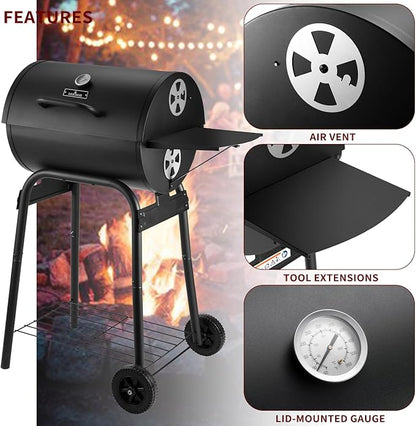 Charcoal Grill Outdoor BBQ Grill, Barrel Charcoal Grills with Side Table, with Nearly 500 Sq.In. Cooking Grid Area, Outdoor Backyard Camping Picnics, Patio and Parties, Black