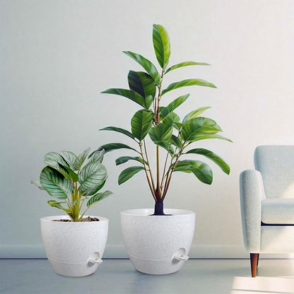 12/10/9 inch Large Self Watering Pots, Plant Pots with Mesh Drainage Holes for Indoor Outdoor Garden Plants, Flower Pots with Deep Reservoir, Set of 3 Plastic Planters, Specked White