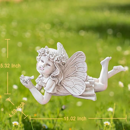 Resin Fairy Statue Holding Bird – Outdoor Garden Fairy Figurine for Yard, Patio or Lawn, Whimsical Fairy Garden Decor for Outside 11” L