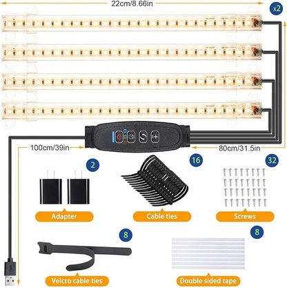 8.6'' LED Plant Growing Light Strips, Full Spectrum 3500K Grow Light for Indoor Plants with 3/9/12H Timer, 10 Dimmable Levels for Seedling Succulent and Plant Shelf, 4 Head 2 Pack