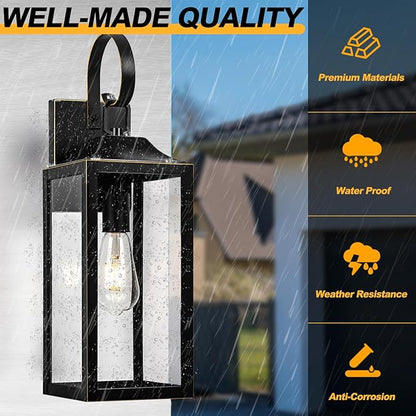 19" Large Outdoor Wall Light, Black Outside Light for House Outdoor Sconce Wall Lighting Fixture, Farmhouse Exterior Wall Mount Lantern for Porch, Waterproof Glass Patio Lamp, Black with Gold Trim