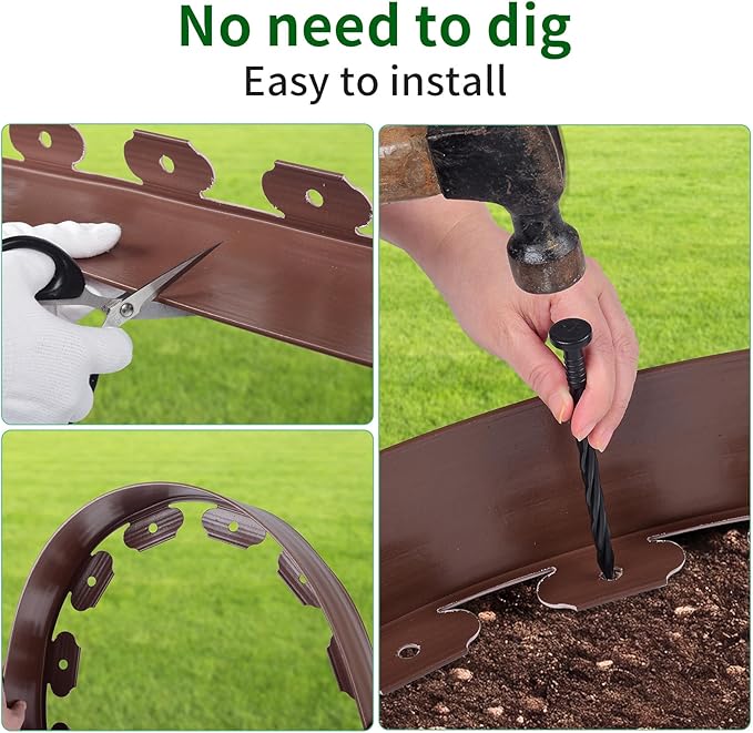 4 in x 100 Ft Garden Landscape Edging, No Dig Garden Edging Border Kit with 184 Pcs Spikes for Flower Bed Lawn Yard Grass Brown
