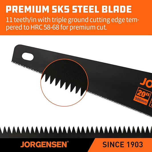 JORGENSEN 20 Inch Black Coated Pro Hand Saw, 11 TPI Fine-Cut Ergonomic Non-Slip Aluminum Ultrasonic Welding Handle for Sawing, Trimming, Gardening, Woodworking, Drywall, Plastic Pipes
