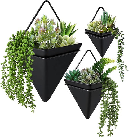 Rtteri 15 Pcs Hanging Artificial Succulents Plants for Indoor Fake Wall Planter with Faux Plants Geometric Vase Pot (8.2/5.9/4 Inch Size) Ceramic Holder and Mini Fake Succulent(Succulents,Black)