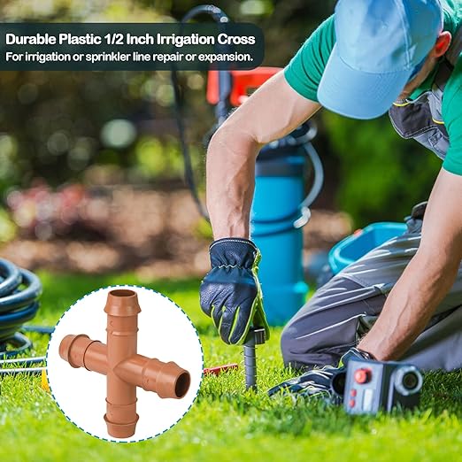 10 Pack 1/2 Inch Drip Irrigation Cross Fittings - 17mm 1/2'' Drip Line Barbed Cross Tee Connectors for 1/2 Inch Drip Irrigation Tubing (0.600'' ID) Irrigation Attachment Parts