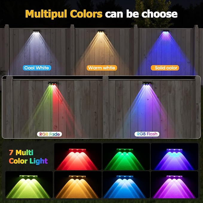 NIORSUN Solar Fence Lights,12 Pack Solars Deck Light,RGB Color,Outdoor Bulb Waterproof Led IP65,Outdoor Fence Light,Power Patio Lamp with Lenses for Outside/Backyard/Railing/Yard(Black)