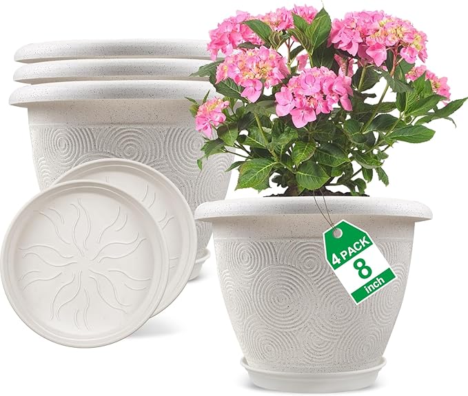 8 Inch Flower Pots Planters for Indoor Outdoor Plants, 4 Pack Plastic Small Plant Pots with Drainage Hole & Tray, Modern Decorative Garden Pot with Saucer, Plant Container for House