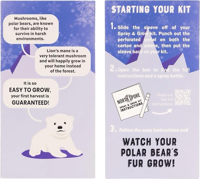 North Spore Organic Lion's Mane Mushroom Spray & Grow Kit (4 lbs) | USDA-Certified Organic, Non-GMO, Beginner-Friendly & Easy to Use | Handmade in Maine, USA | Limited Edition Holiday Polar Bear Kit